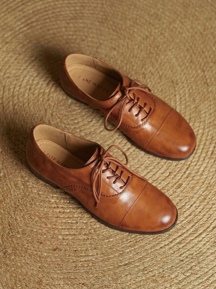 Women's Leather Lace-Up Cap Toe Flat Oxford Shoes