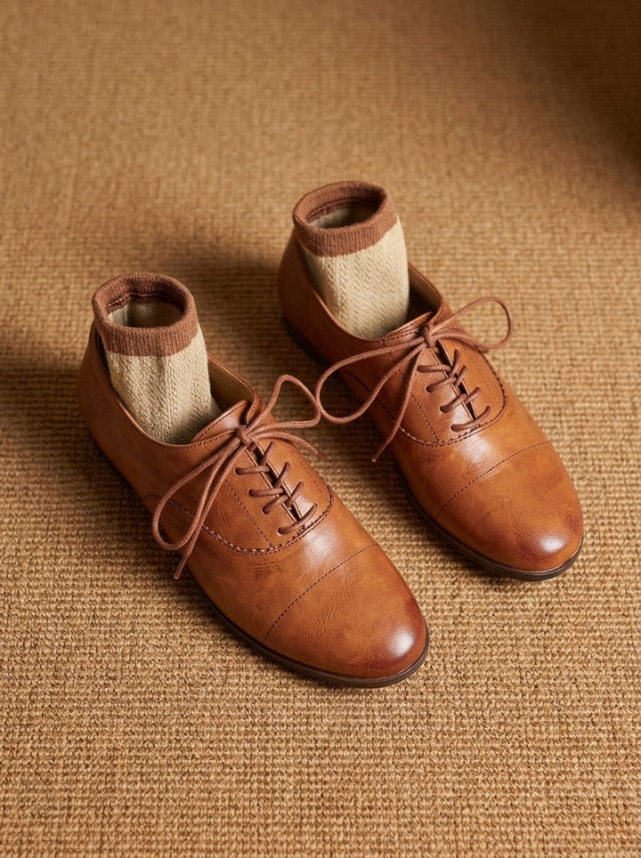 Women's Leather Lace-Up Cap Toe Flat Oxford Shoes