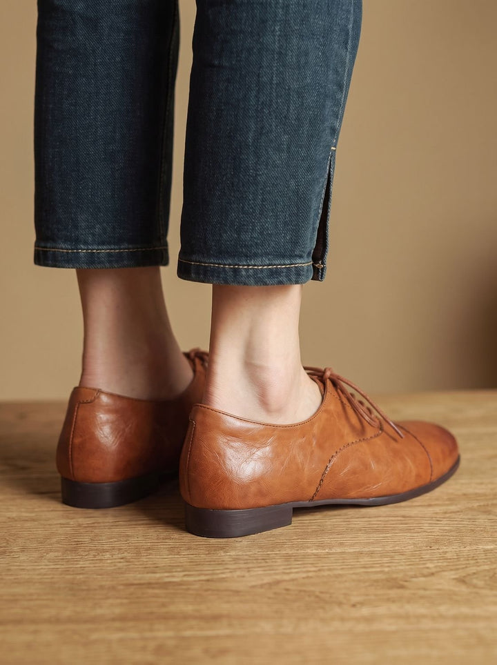 Women's Leather Lace-Up Cap Toe Flat Oxford Shoes