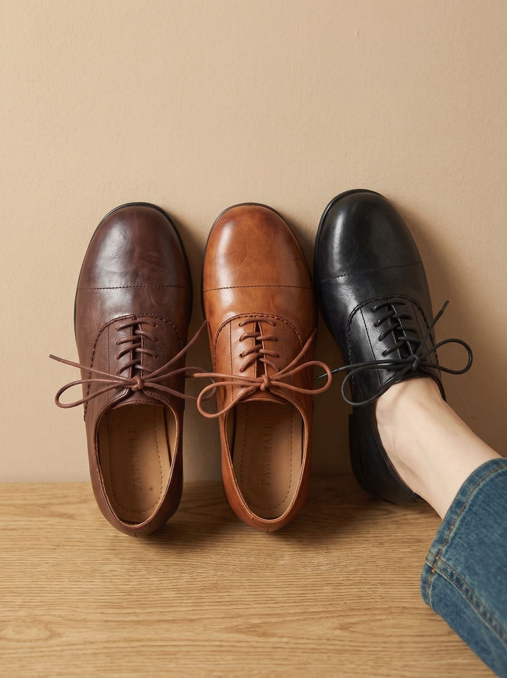 Women's Leather Lace-Up Cap Toe Flat Oxford Shoes - Brown