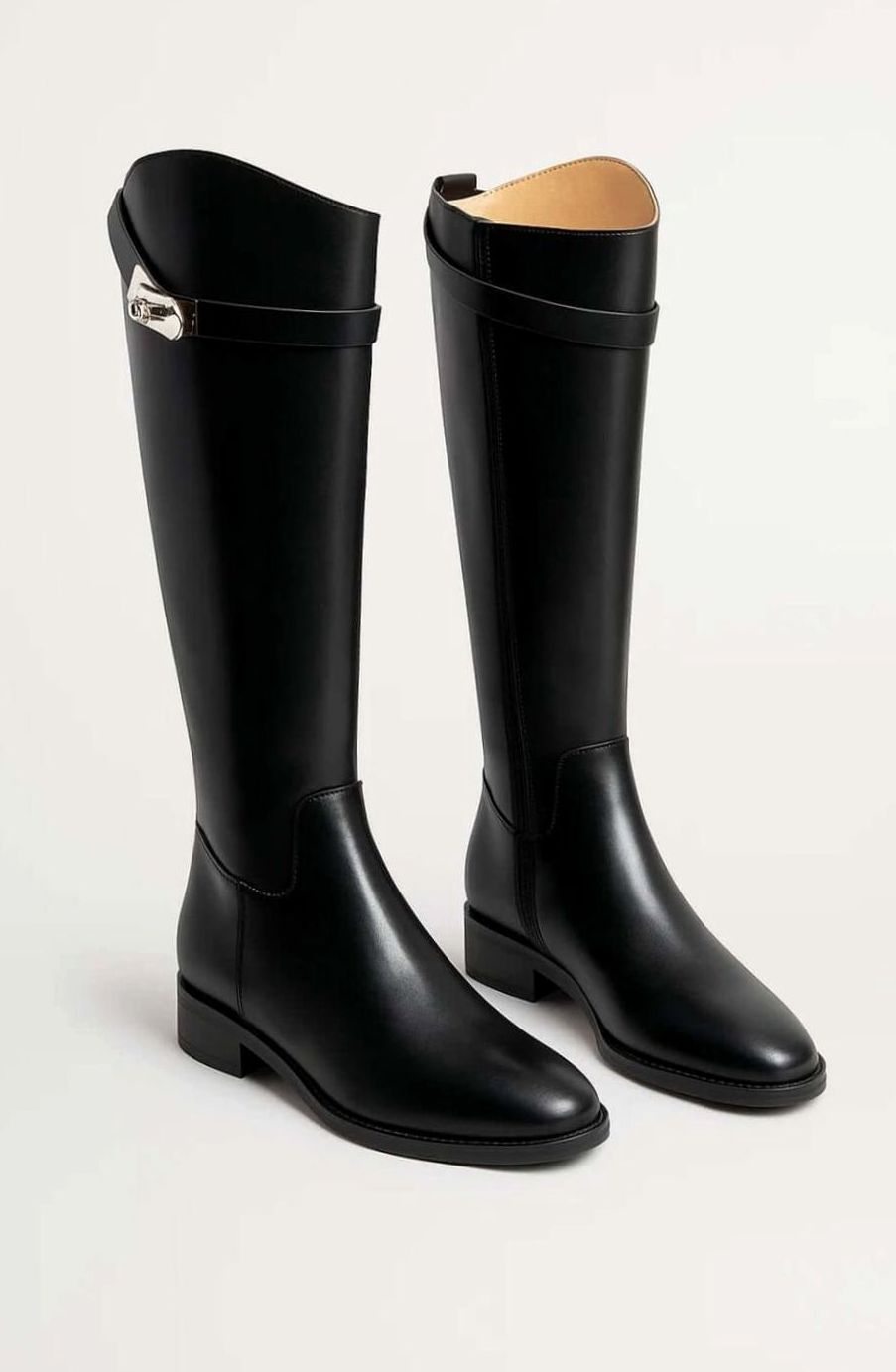 Women's Leather-Look Buckle-Detail Knee High Boots - Black