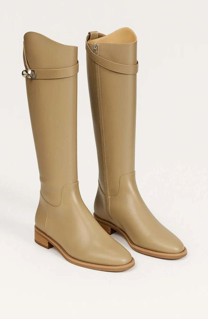 Women's Leather-Look Buckle-Detail Knee High Boots - Beige