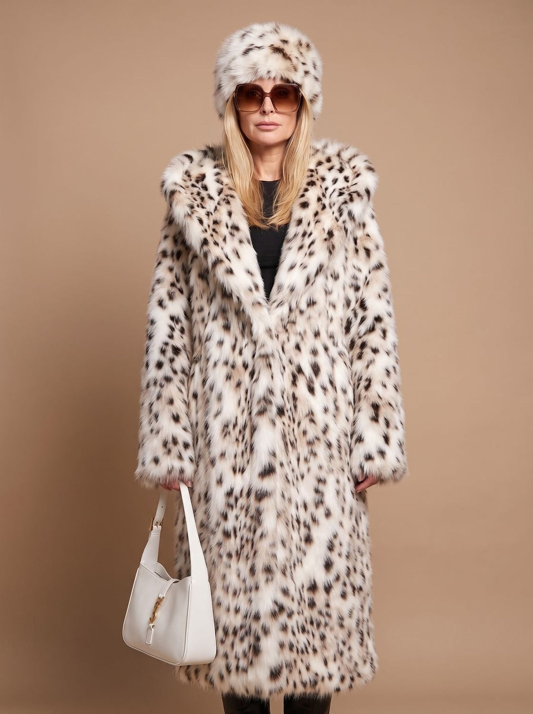 Women's Leopard Print Belted Maxi Faux Fur Coat - White