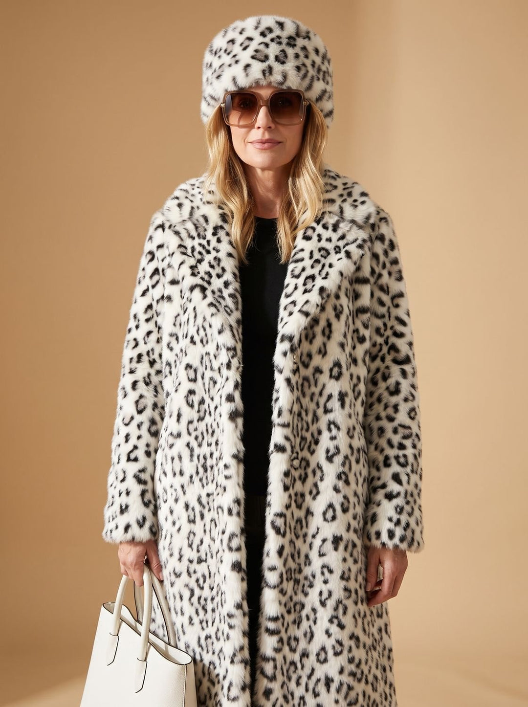 Women's Leopard Print Belted Maxi Faux Fur Coat