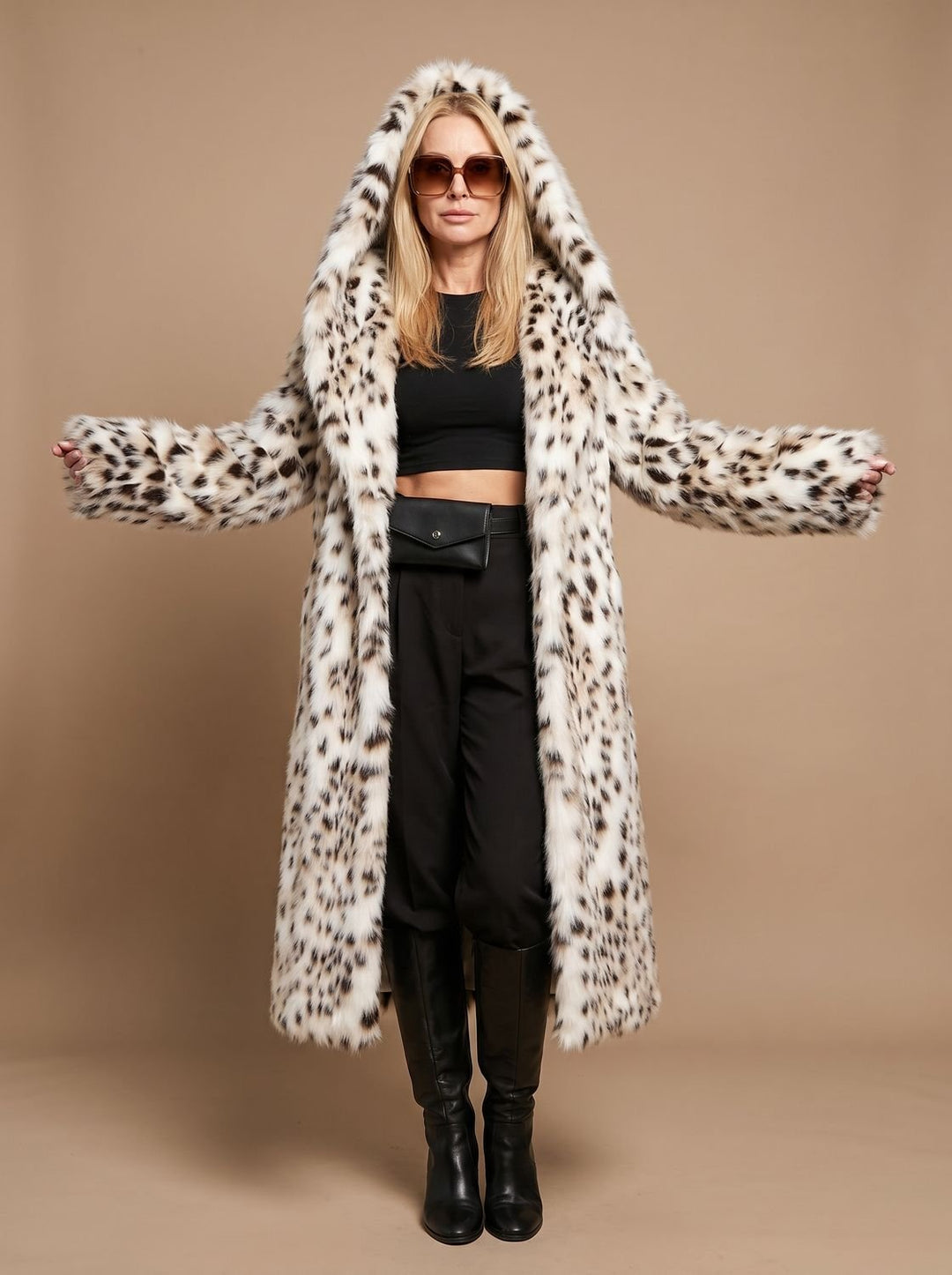 Women's Leopard Print Belted Maxi Faux Fur Coat