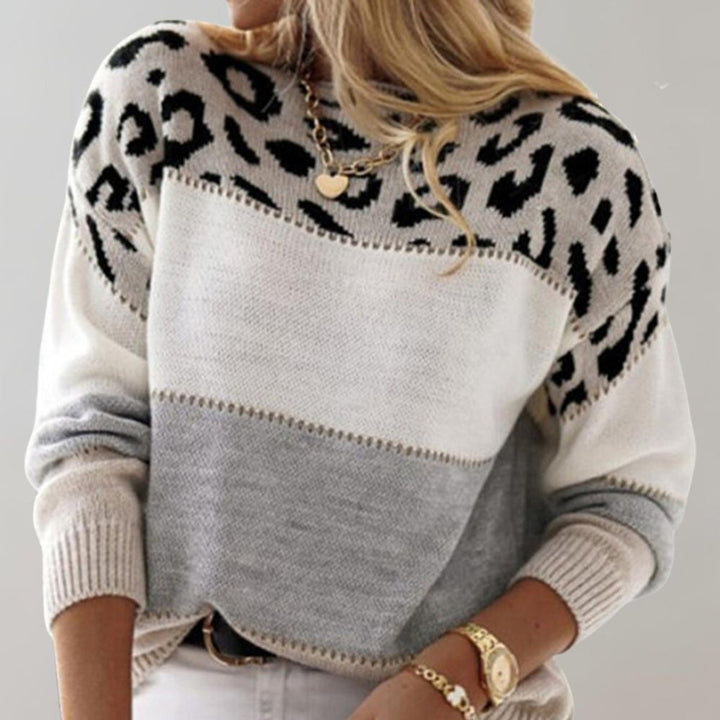Women's Leopard Print Color Block Knit Pullover Sweater