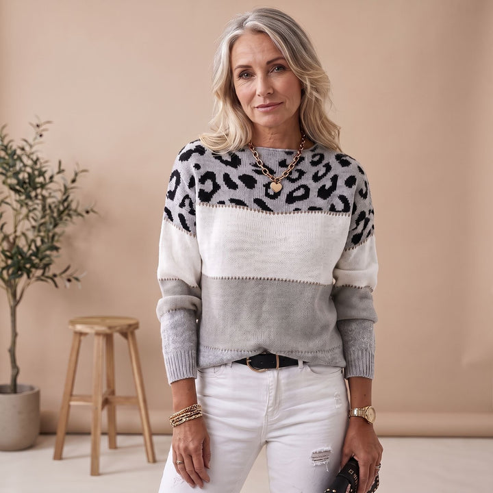 Women's Leopard Print Color Block Knit Sweater - Beige