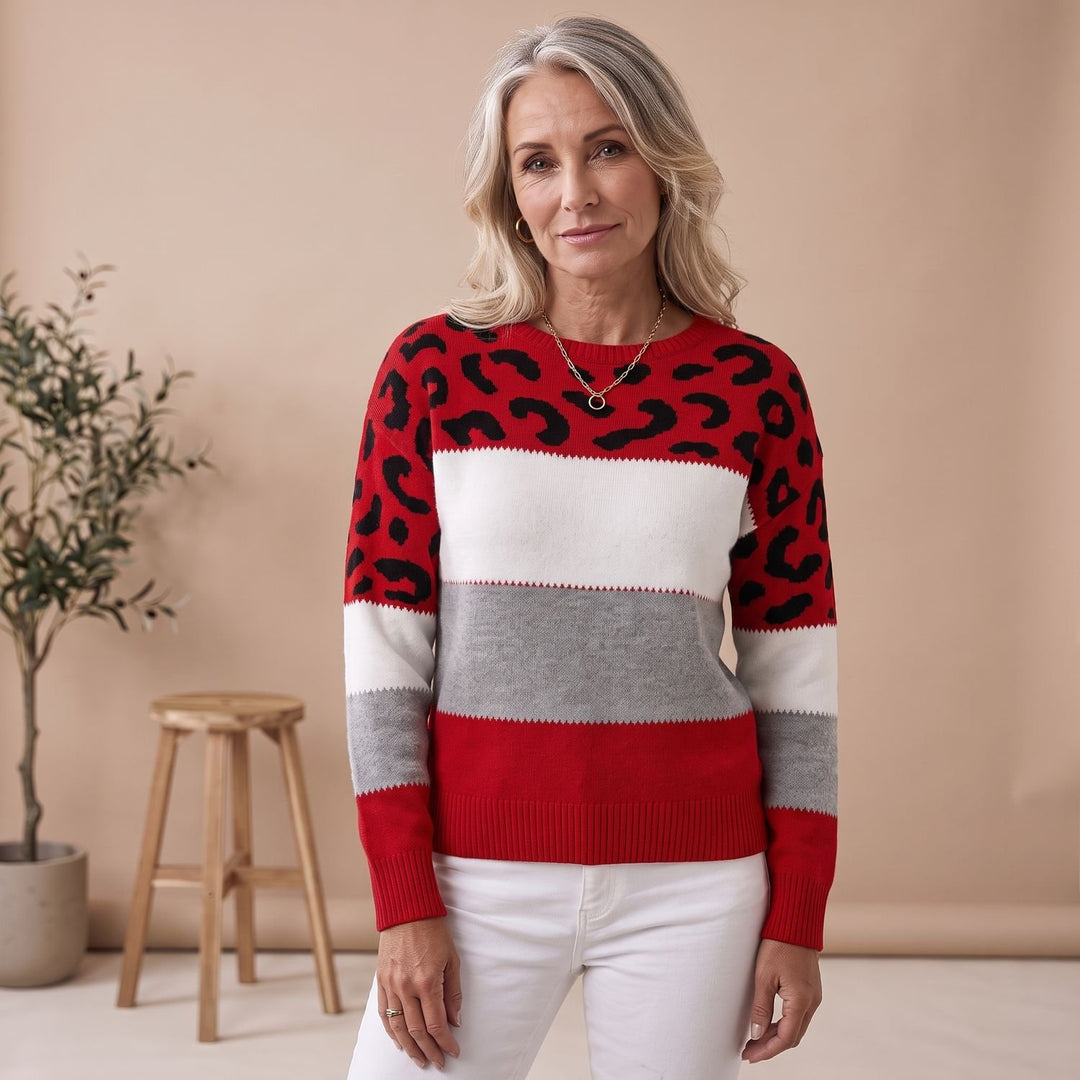 Women's Leopard Print Color Block Knit Sweater - Red
