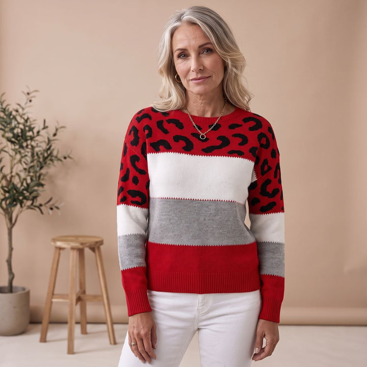 Women's Leopard Print Color Block Knit Sweater - Red