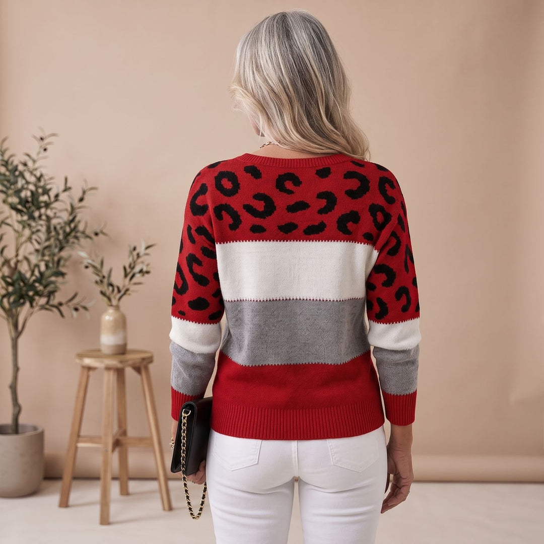 Women's Leopard Print Color Block Knit Sweater