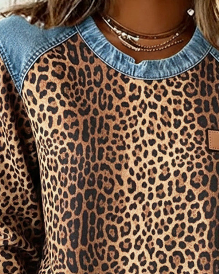 Women's Leopard Print Denim Patchwork Crewneck Pullover Sweater