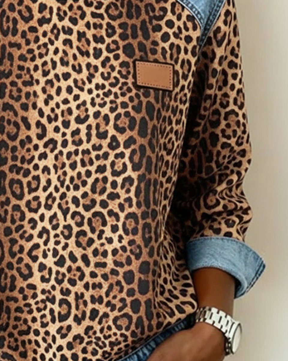 Women's Leopard Print Denim Patchwork Crewneck Pullover Sweater