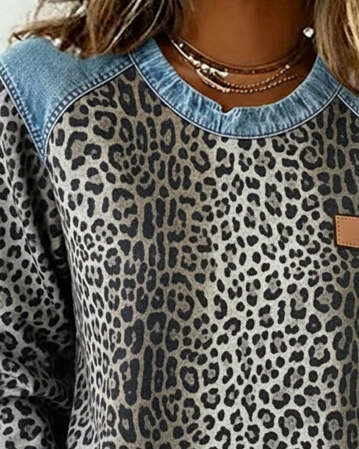 Women's Leopard Print Denim Patchwork Crewneck Pullover Sweater