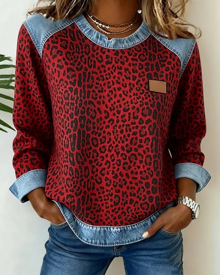 Women's Leopard Print Denim Patchwork Crewneck Pullover Sweater - Red