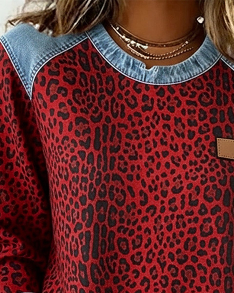 Women's Leopard Print Denim Patchwork Crewneck Pullover Sweater