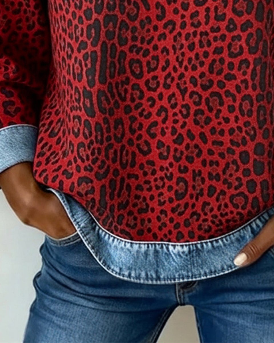 Women's Leopard Print Denim Patchwork Crewneck Pullover Sweater