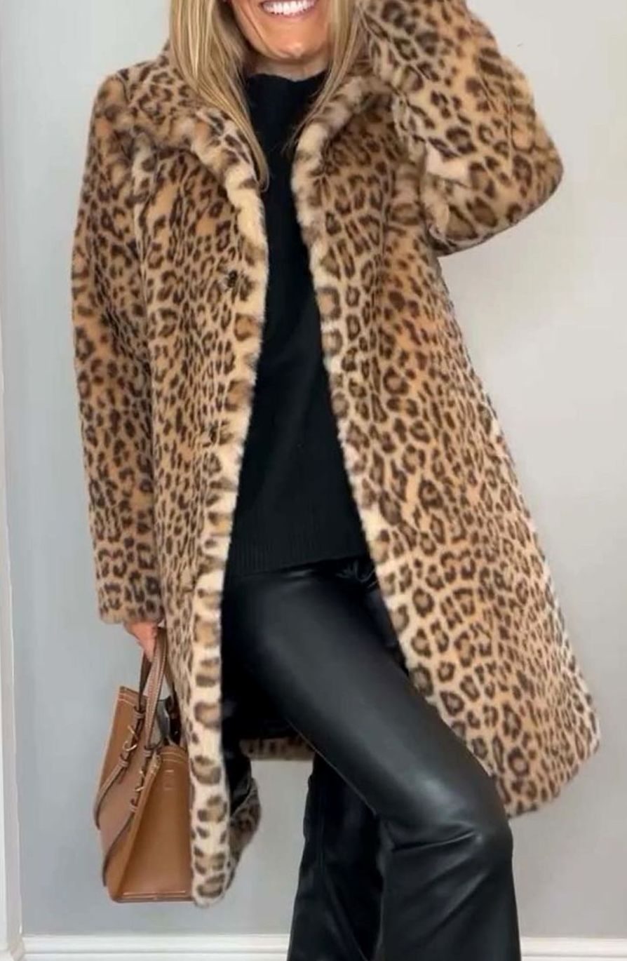 Women's Leopard Print Faux Fur Long Winter Coat
