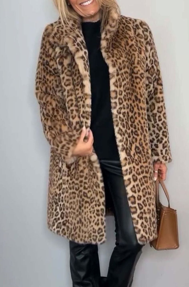 Women's Leopard Print Faux Fur Long Winter Coat - Khaki