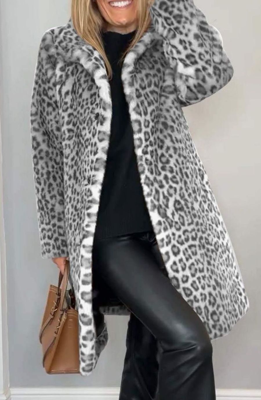 Women's Leopard Print Faux Fur Long Winter Coat - White