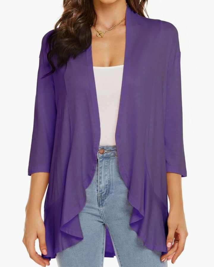 Women's Lightweight Open-Front 3/4 Sleeve Cardigan - Purple