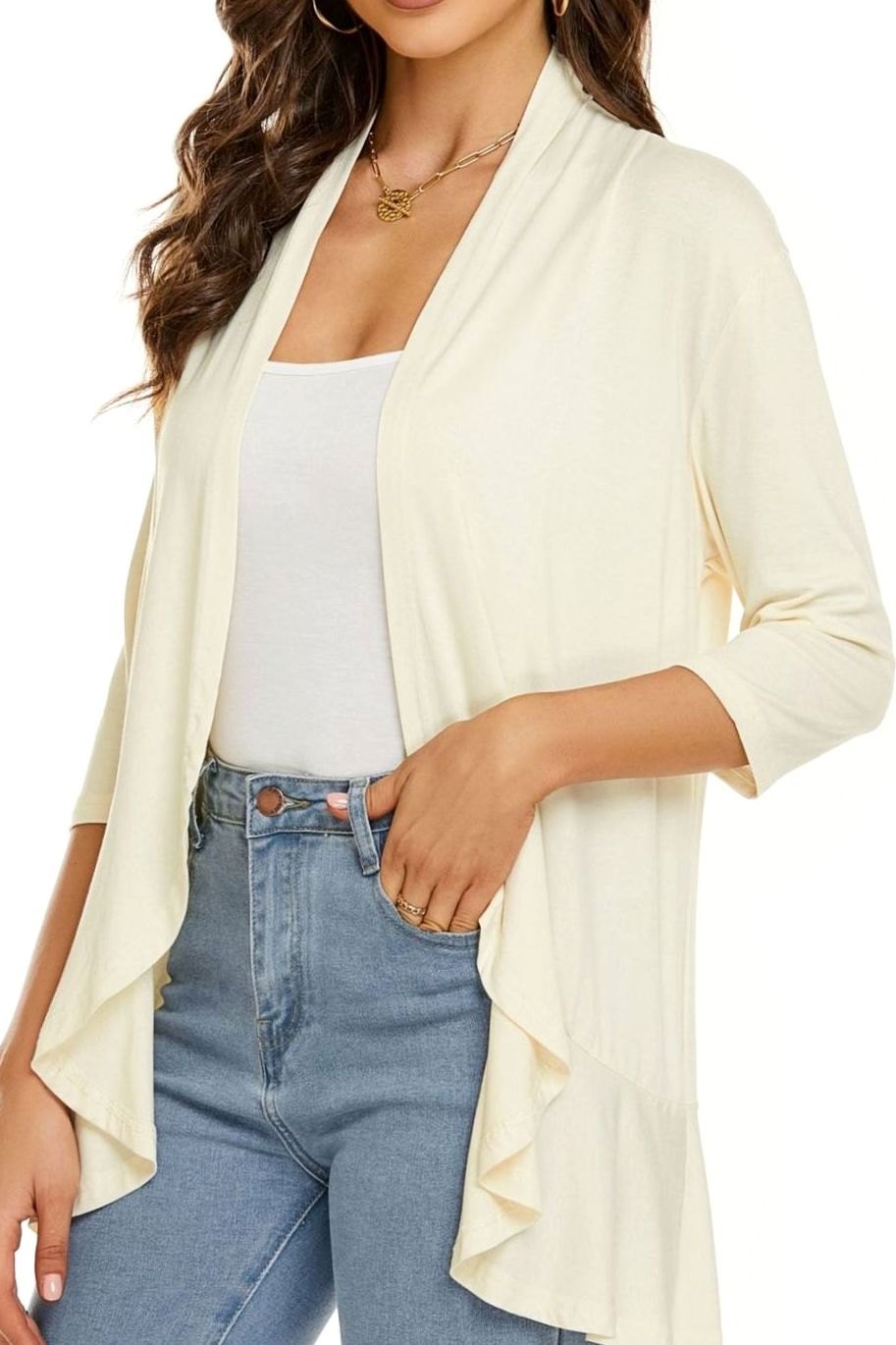 Women's Lightweight Open-Front 3/4 Sleeve Cardigan - White Beige