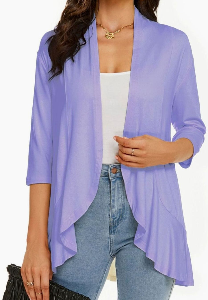 Women's Lightweight Open-Front 3/4 Sleeve Cardigan - Light Purple