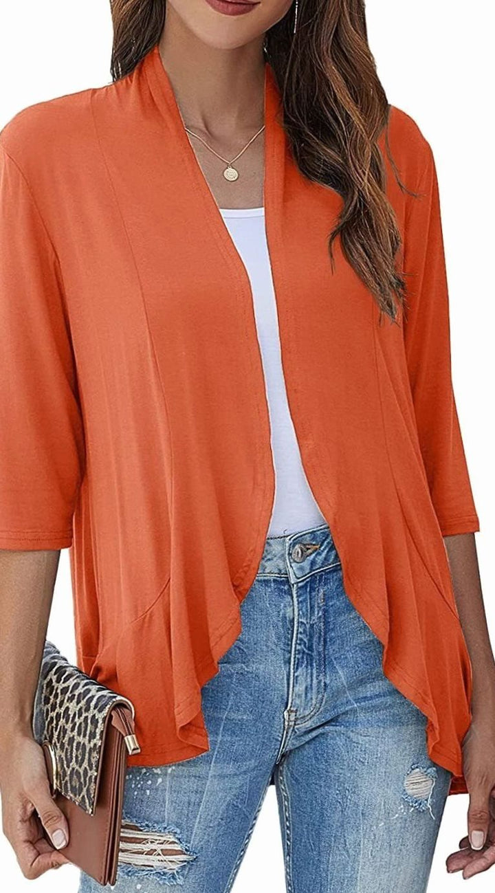 Women's Lightweight Open-Front 3/4 Sleeve Cardigan - Orange Red