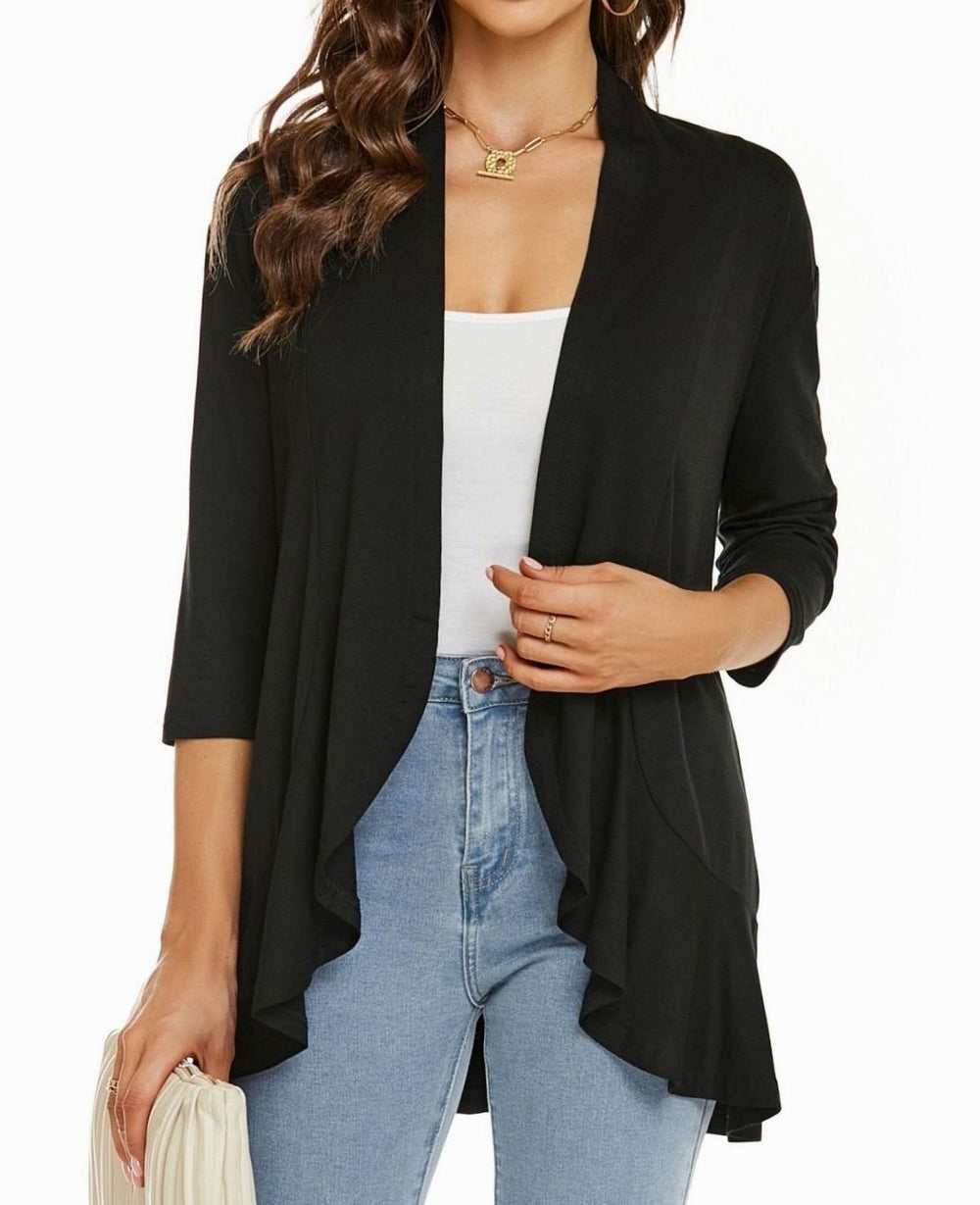 Women's Lightweight Open-Front 3/4 Sleeve Cardigan - Black