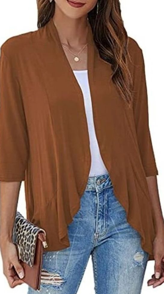 Women's Lightweight Open-Front 3/4 Sleeve Cardigan - Brown
