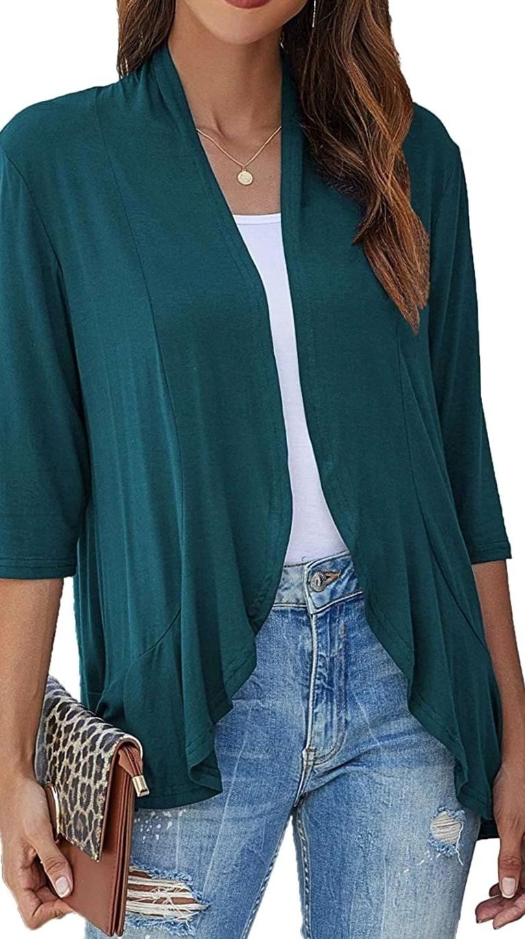 Women's Lightweight Open-Front 3/4 Sleeve Cardigan - Green