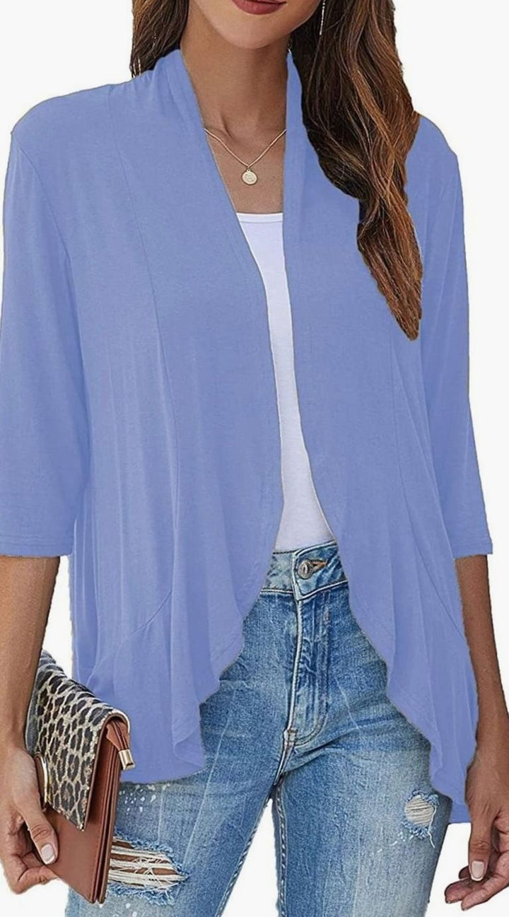 Women's Lightweight Open-Front 3/4 Sleeve Cardigan - Light Blue