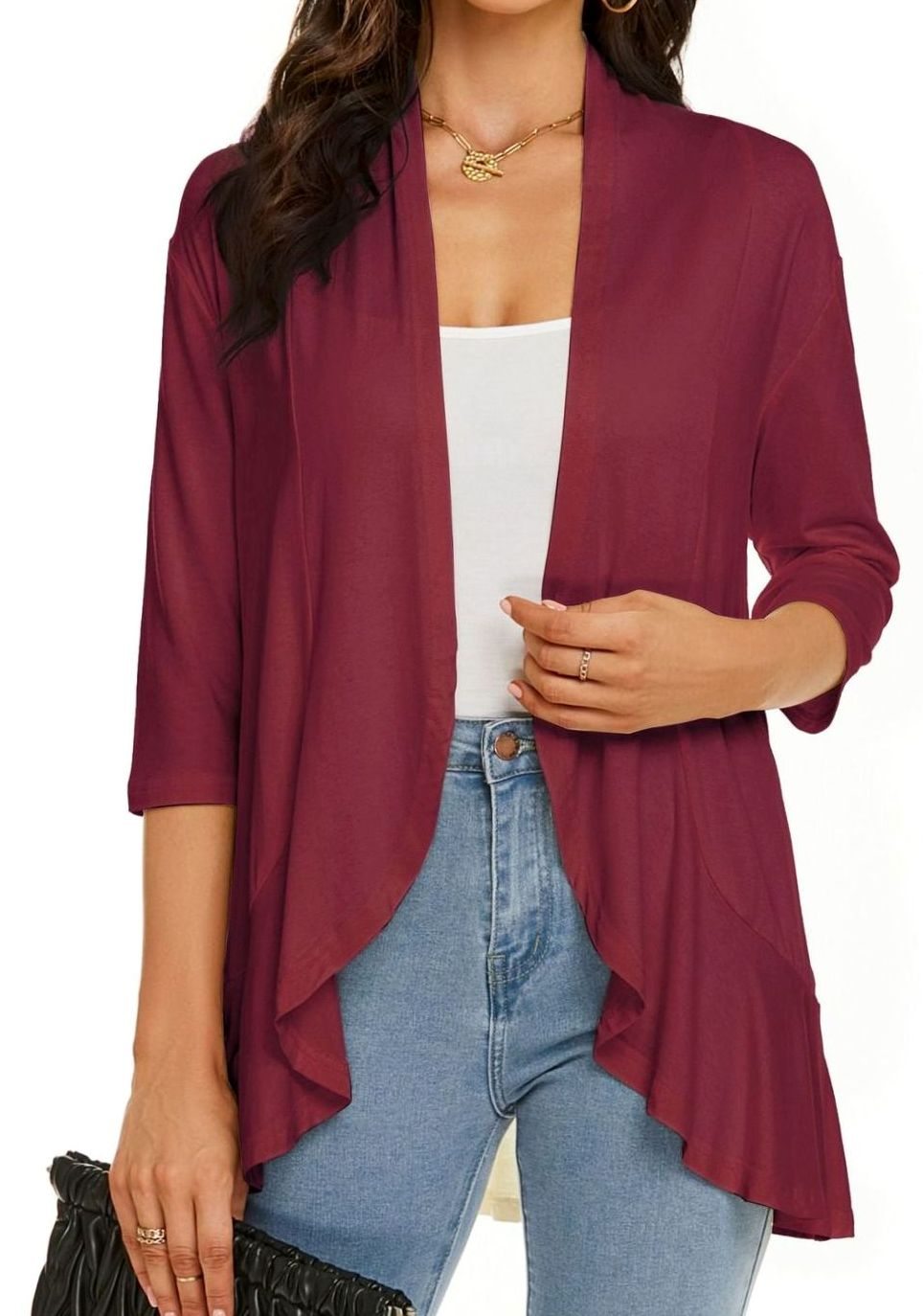 Women's Lightweight Open-Front 3/4 Sleeve Cardigan - Burgundy