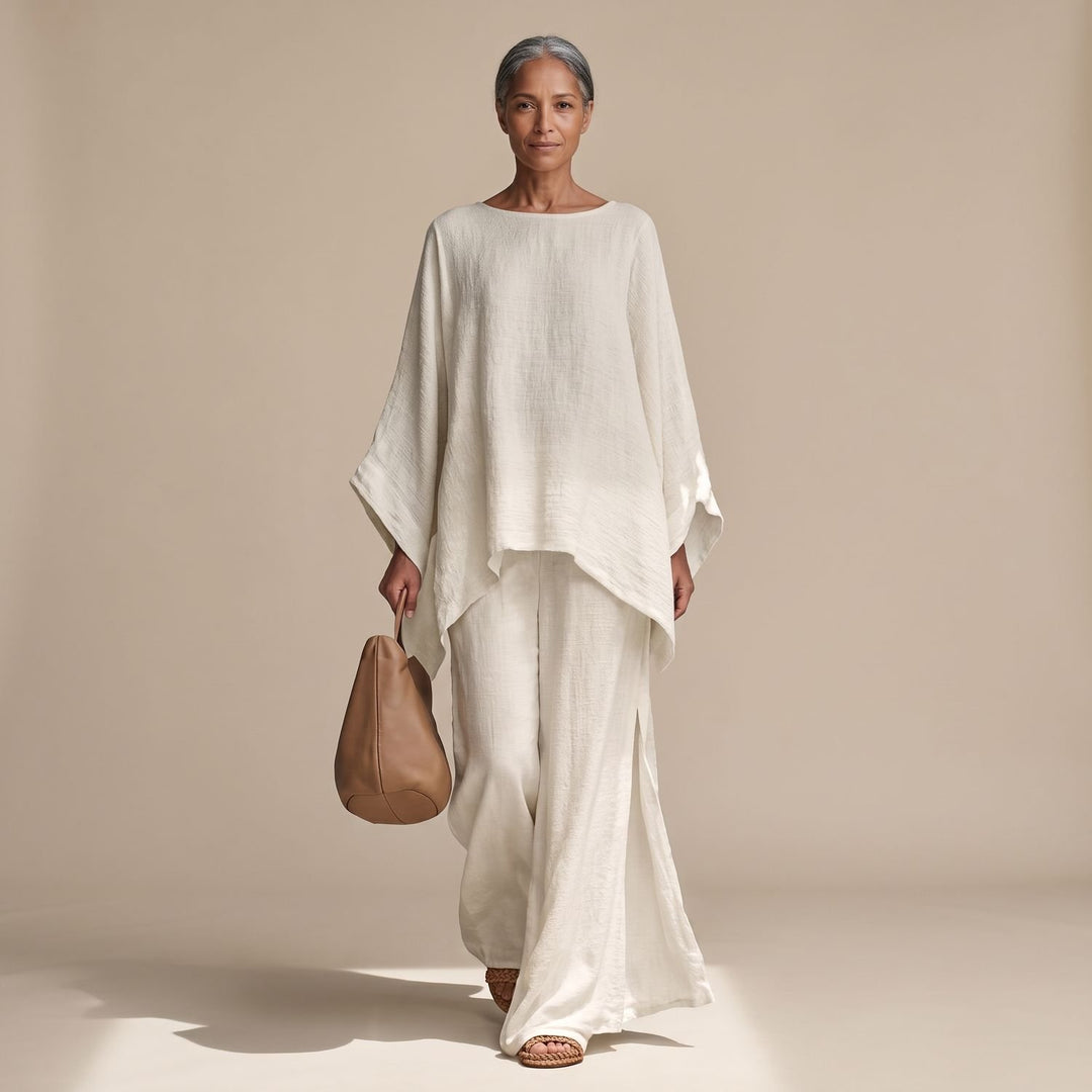 Women's Linen Wide-Leg Batwing Poncho Two Piece Set
