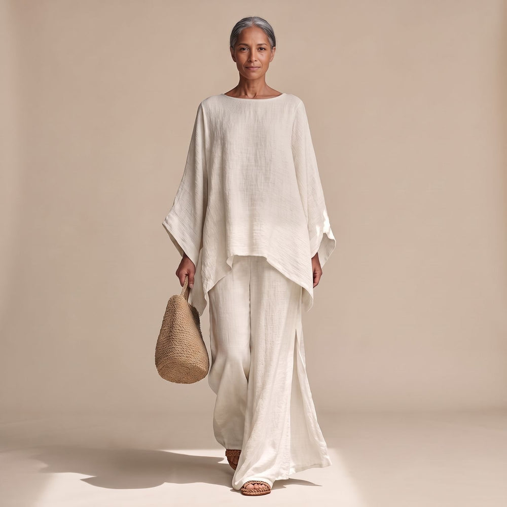 Women's Linen Wide-Leg Batwing Poncho Two Piece Set - White