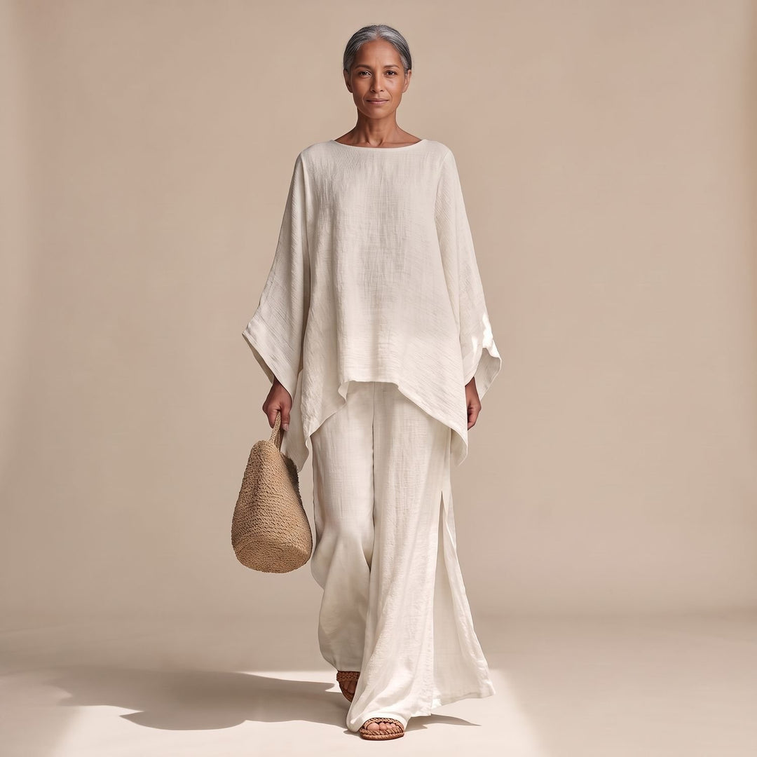 Women's Linen Wide-Leg Batwing Poncho Two Piece Set - White