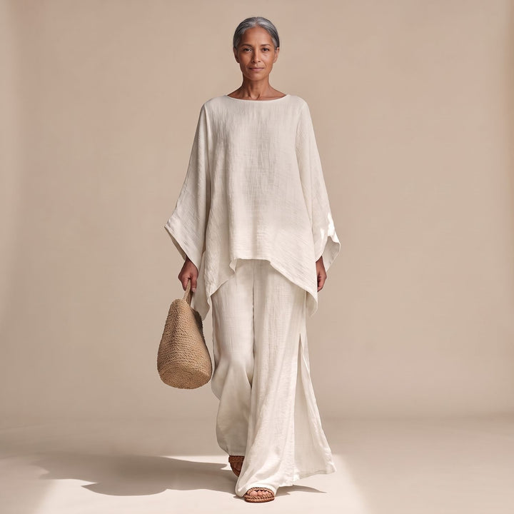 Women's Linen Wide-Leg Batwing Poncho Two Piece Set - White