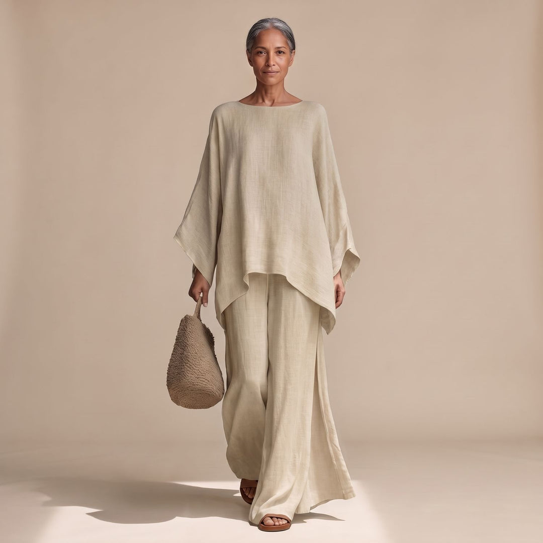 Women's Linen Wide-Leg Batwing Poncho Two Piece Set - Khaki