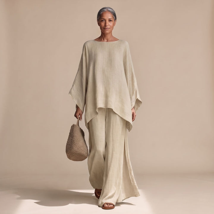 Women's Linen Wide-Leg Batwing Poncho Two Piece Set - Khaki