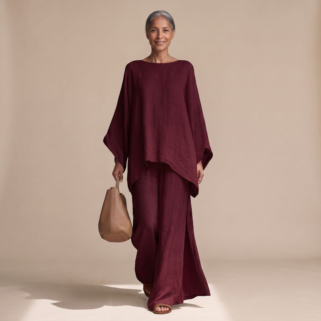 Women's Linen Wide-Leg Batwing Poncho Two Piece Set - Burgundy