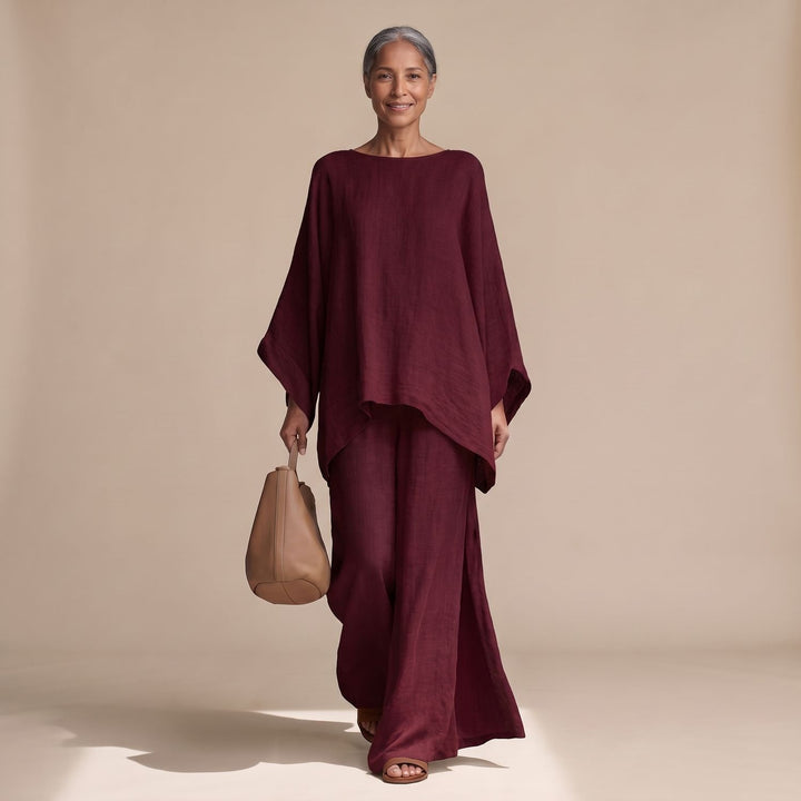 Women's Linen Wide-Leg Batwing Poncho Two Piece Set - Burgundy