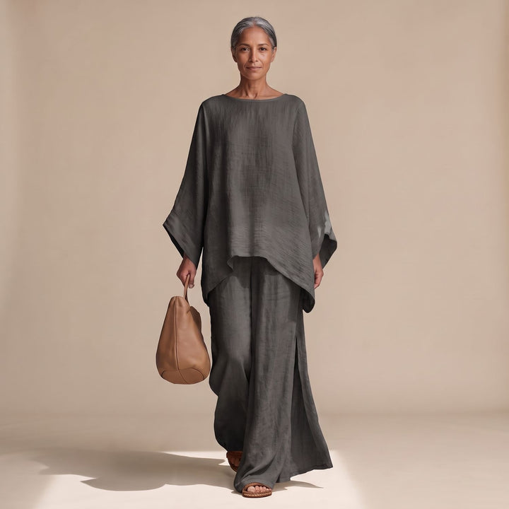 Women's Linen Wide-Leg Batwing Poncho Two Piece Set - Black