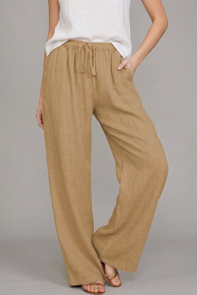 Women's Linen Wide Leg Pants Relaxed Drawstring Waist - Khaki