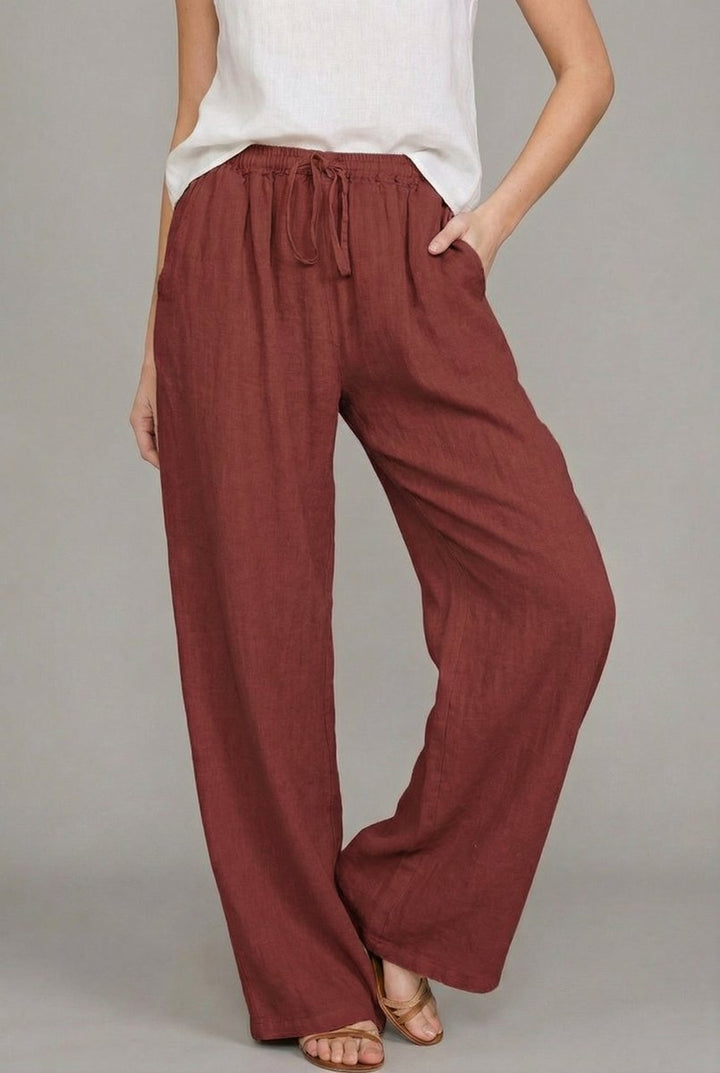 Women's Linen Wide Leg Pants Relaxed Drawstring Waist - Wine Red