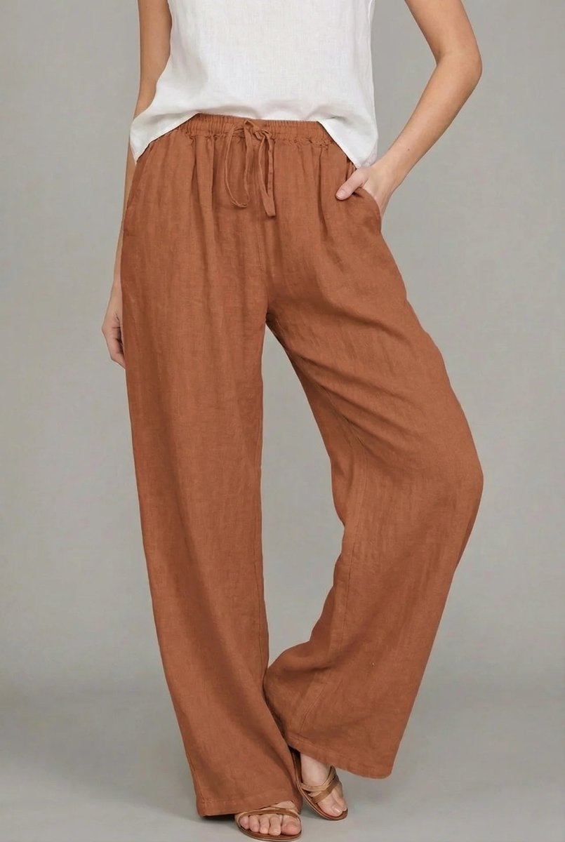 Women's Linen Wide Leg Pants Relaxed Drawstring Waist - Orange