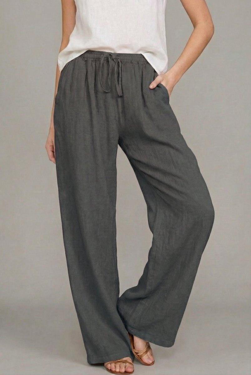 Women's Linen Wide Leg Pants Relaxed Drawstring Waist - Dark Gray