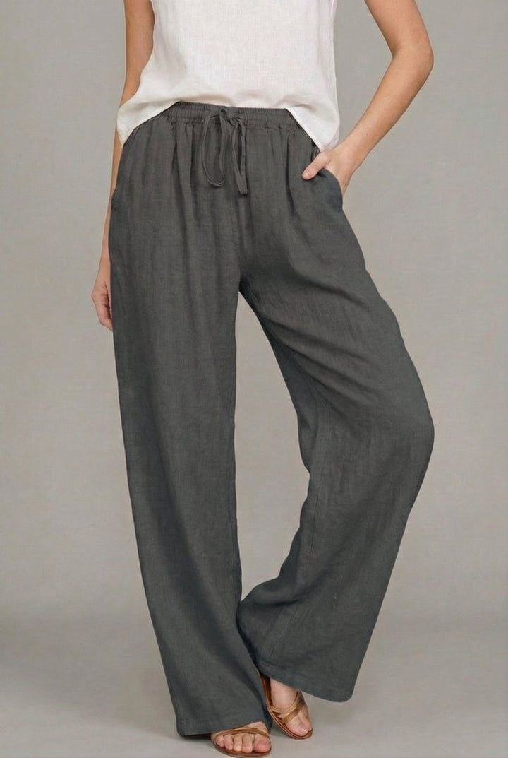 Women's Linen Wide Leg Pants Relaxed Drawstring Waist - Dark Gray