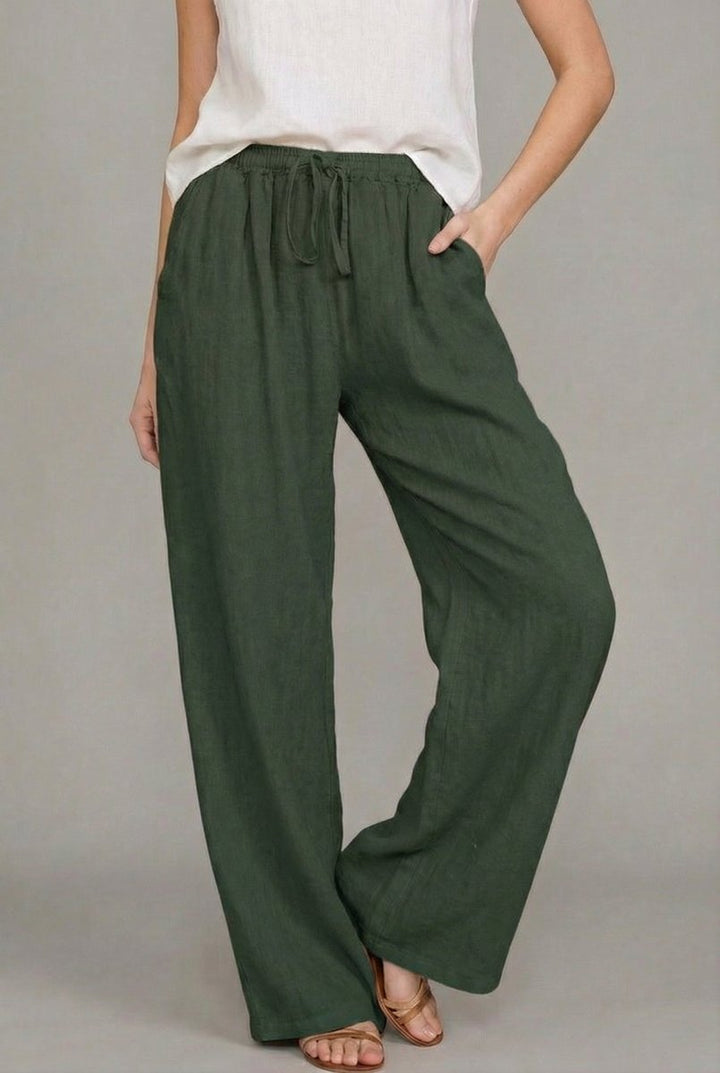 Women's Linen Wide Leg Pants Relaxed Drawstring Waist - Green