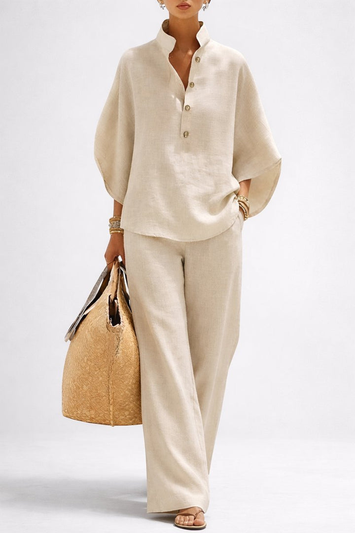 Women's Linen Wide-Leg Relaxed-Fit Button-Collar 2-Piece Pants Set