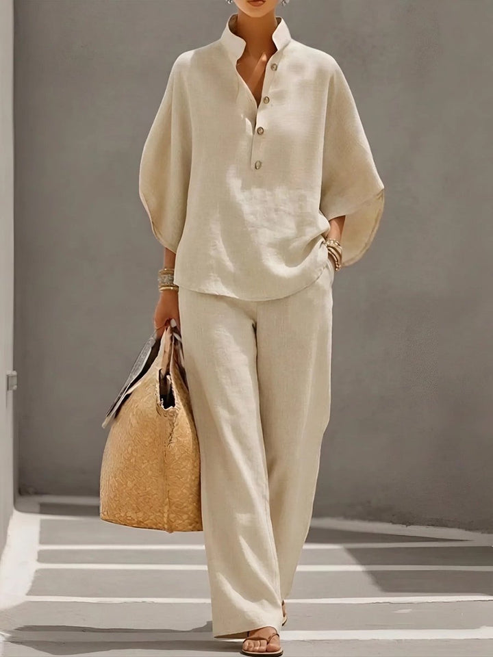 Women's Linen Wide-Leg Relaxed-Fit Button-Collar 2-Piece Pants Set - Sand