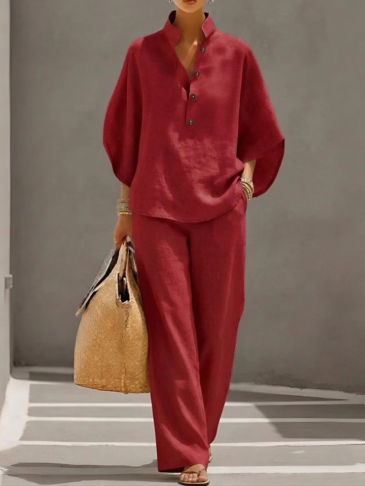 Women's Linen Wide-Leg Relaxed-Fit Button-Collar 2-Piece Pants Set - Red
